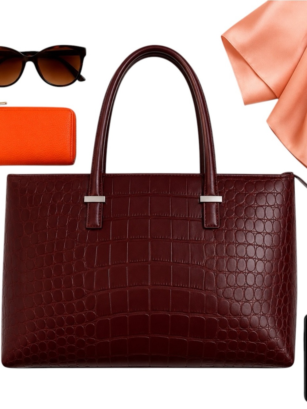 Knomo London Burgundy Croc Embossed Laptop Work Tote Business Travel Bag 18x12x6